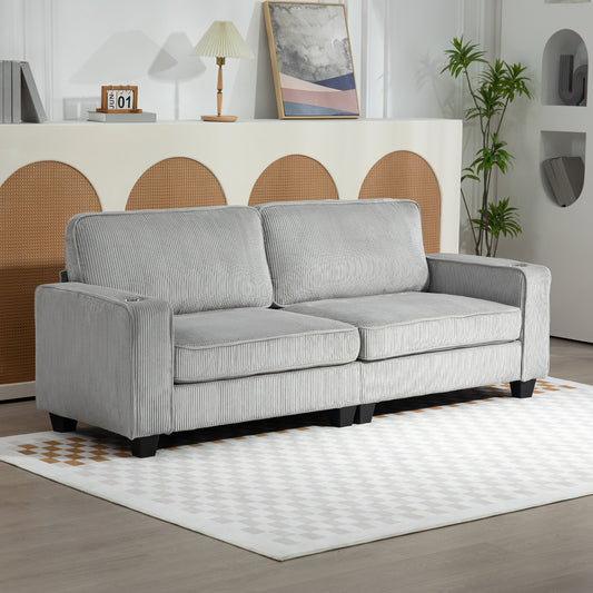HOMCOM Light Grey 3-Seater Fabric Sofa: Spring Cushions, Cup Holders