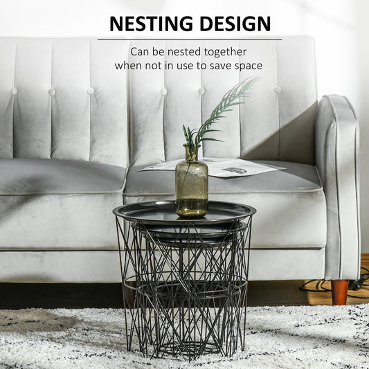 Round Nesting Coffee Tables Set of 3 with Basket Storage – Black