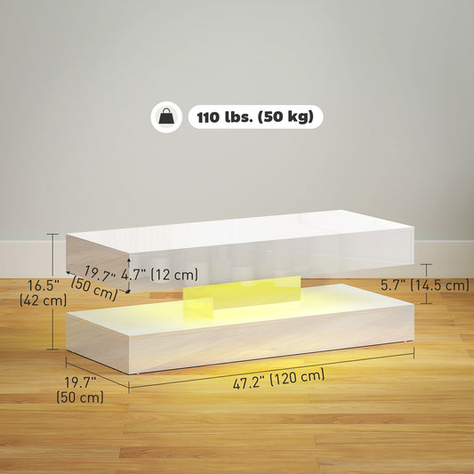 Coffee Table with Adjustable RGB LED Lights, 2 Drawers, Open Shelf and Remote