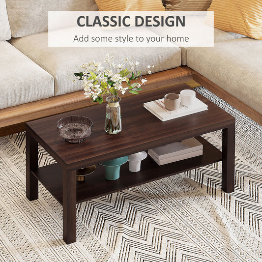 HOMCOM Modern Walnut Wood Coffee Table with 2-Tier Storage Shelf