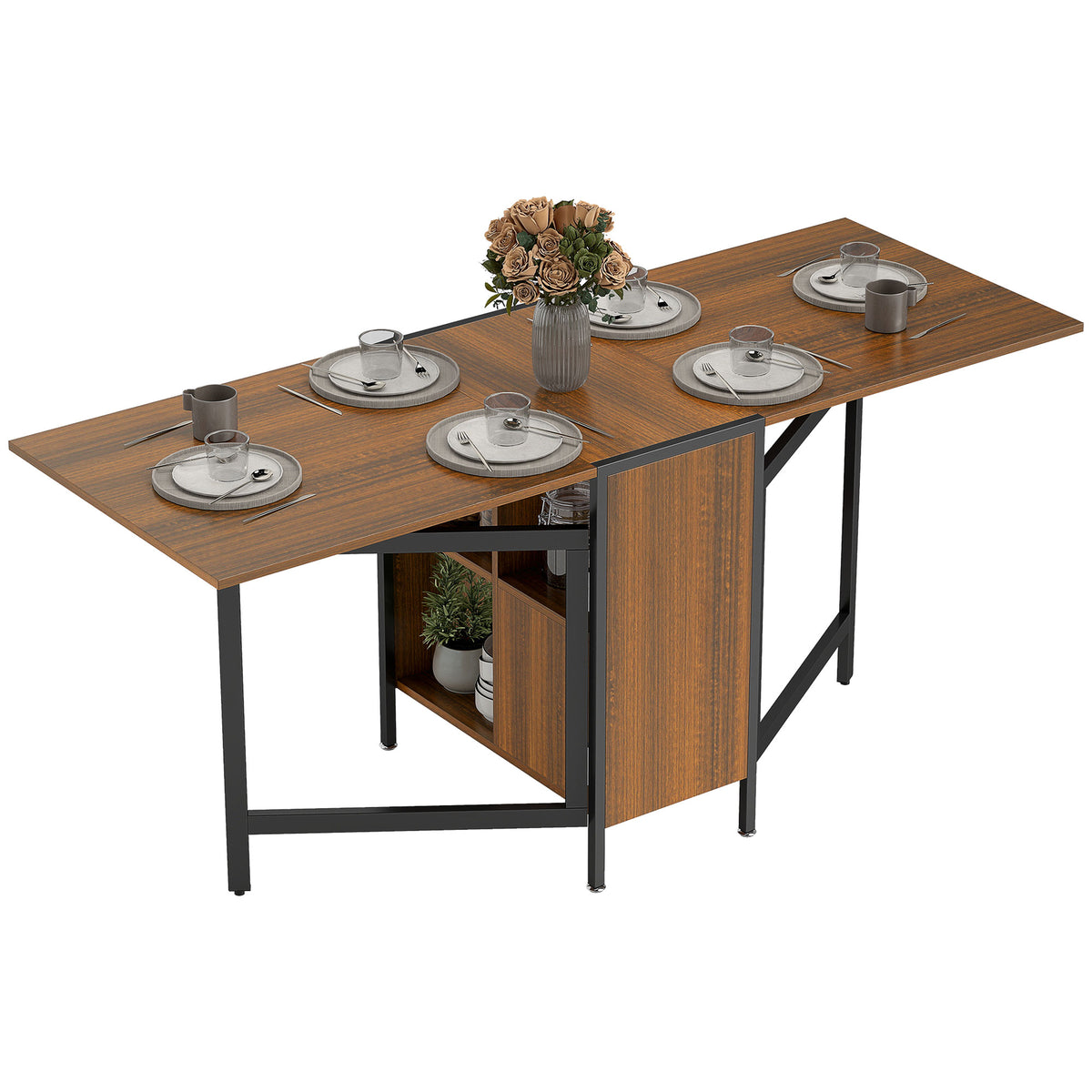 Multi-Use Foldable Dining Table with Hideaway Shelves, 66.5" Drop Leaf Table