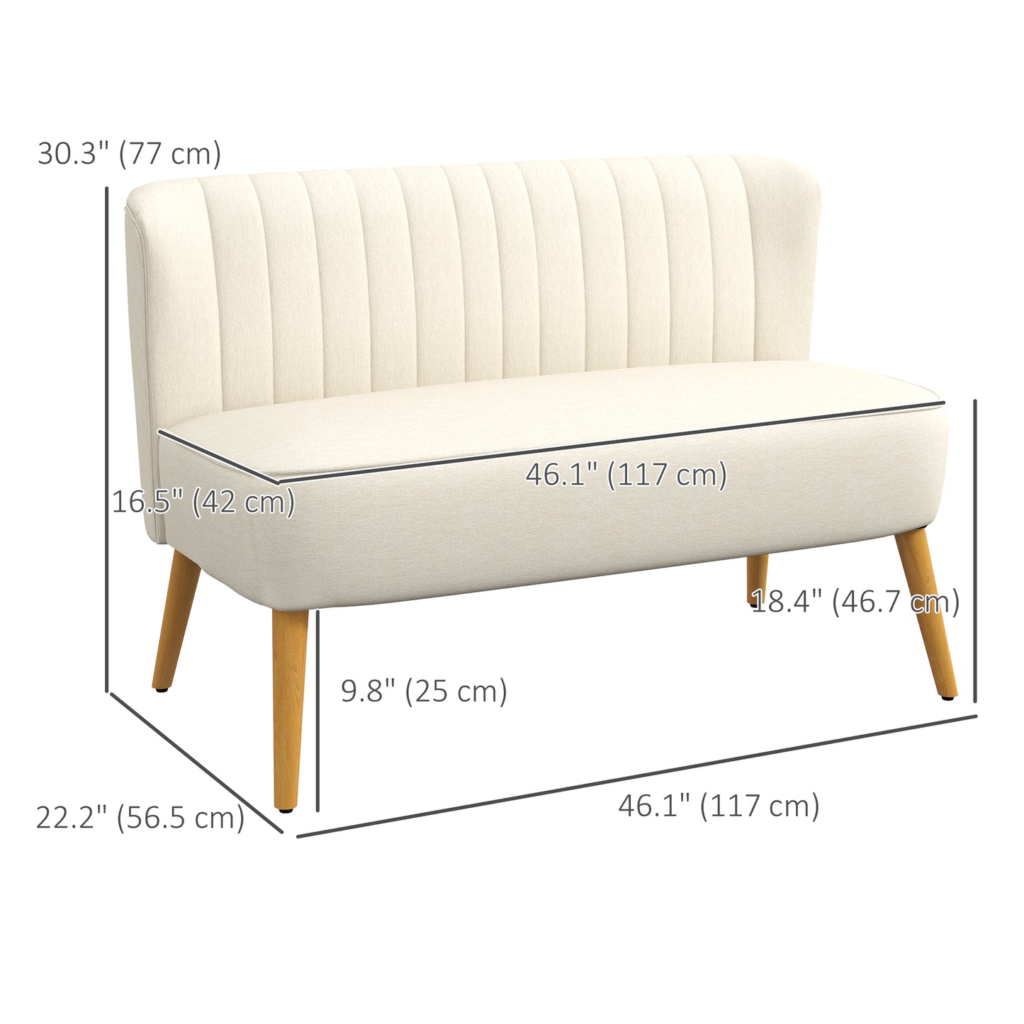 HOMCOM Modern Upholstered 2-Seat Loveseat Sofa, Cream White, Rubber Wood Legs