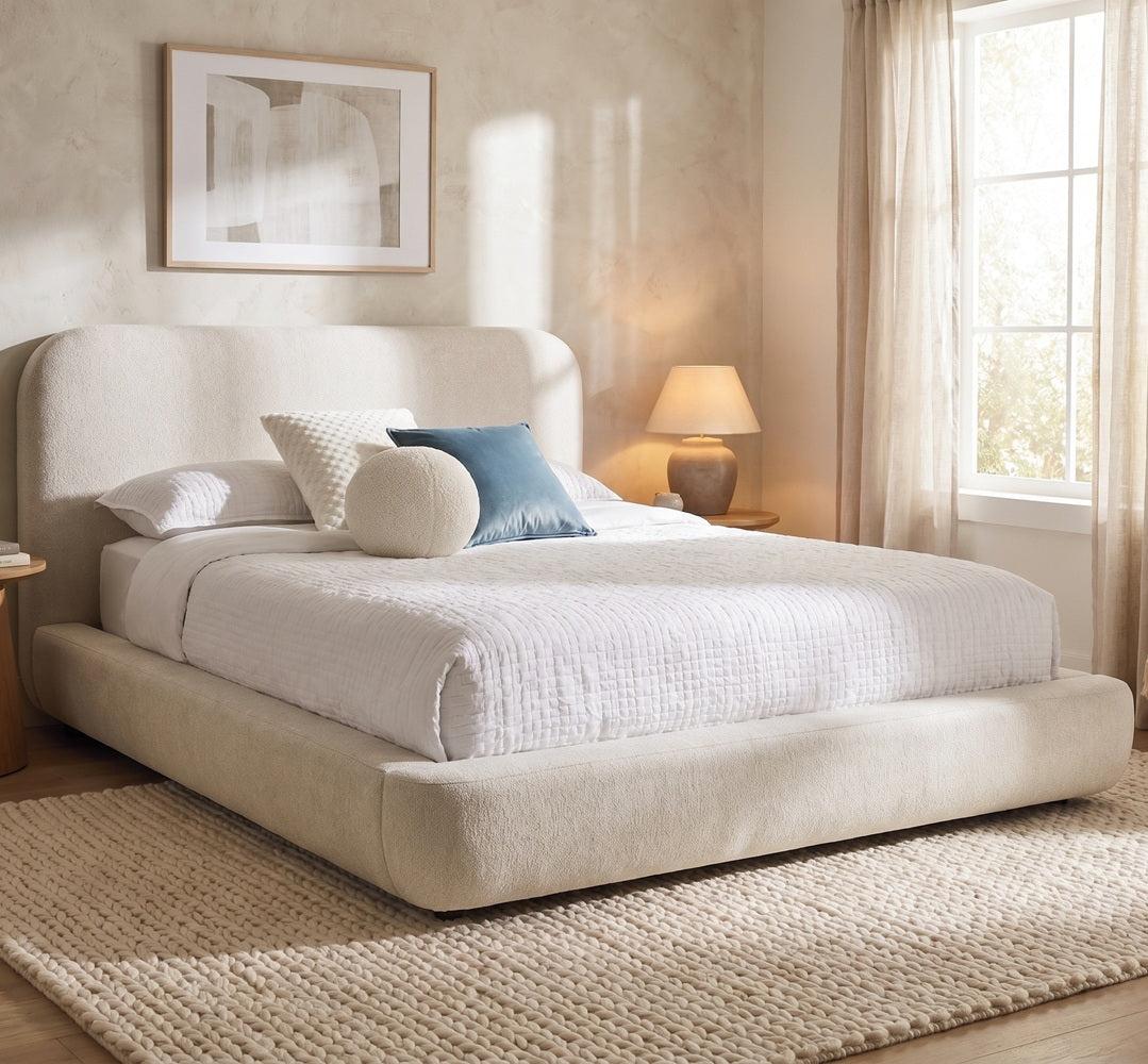 Cream Upholstered Platform Bed, Rounded Headboard