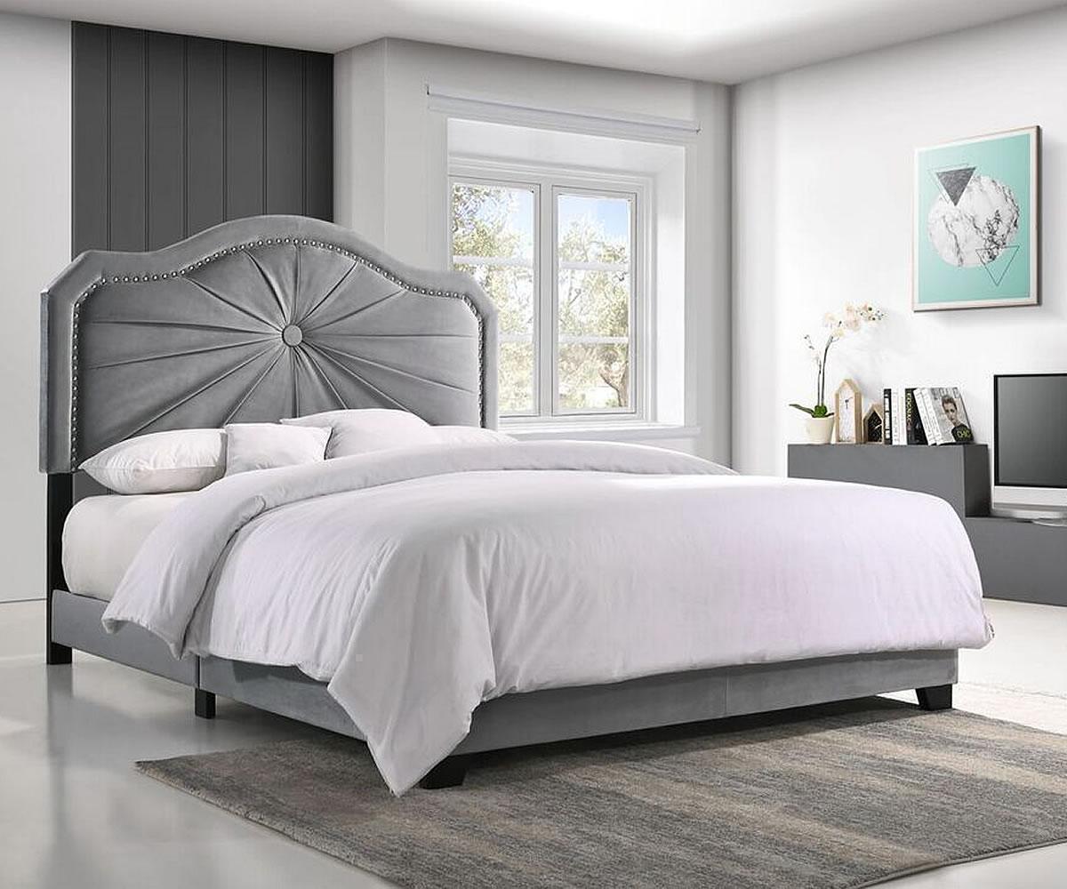 Double Bed with Upholstered Headboard, Chrome Nail Heads, Pleated Design