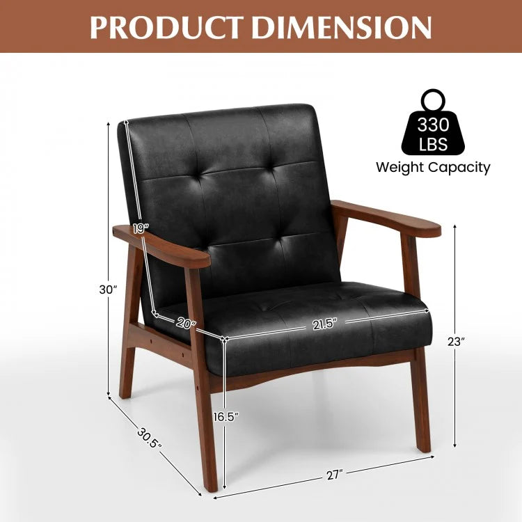 Mid Century Modern Accent Chair with Solid Rubber Wood Frame and Leather Cover