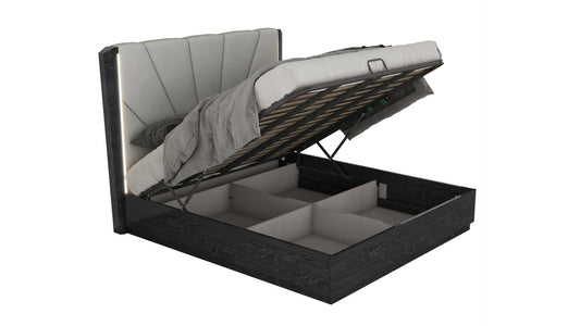 Modern Manchester Walnut-Grey Bedroom Set, Hydraulic Lift Storage & LED Headboard