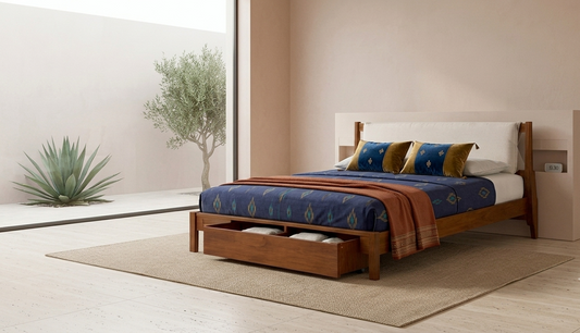 Alder Walnut Rubberwood Storage Bed with Beige Chenille Headboard