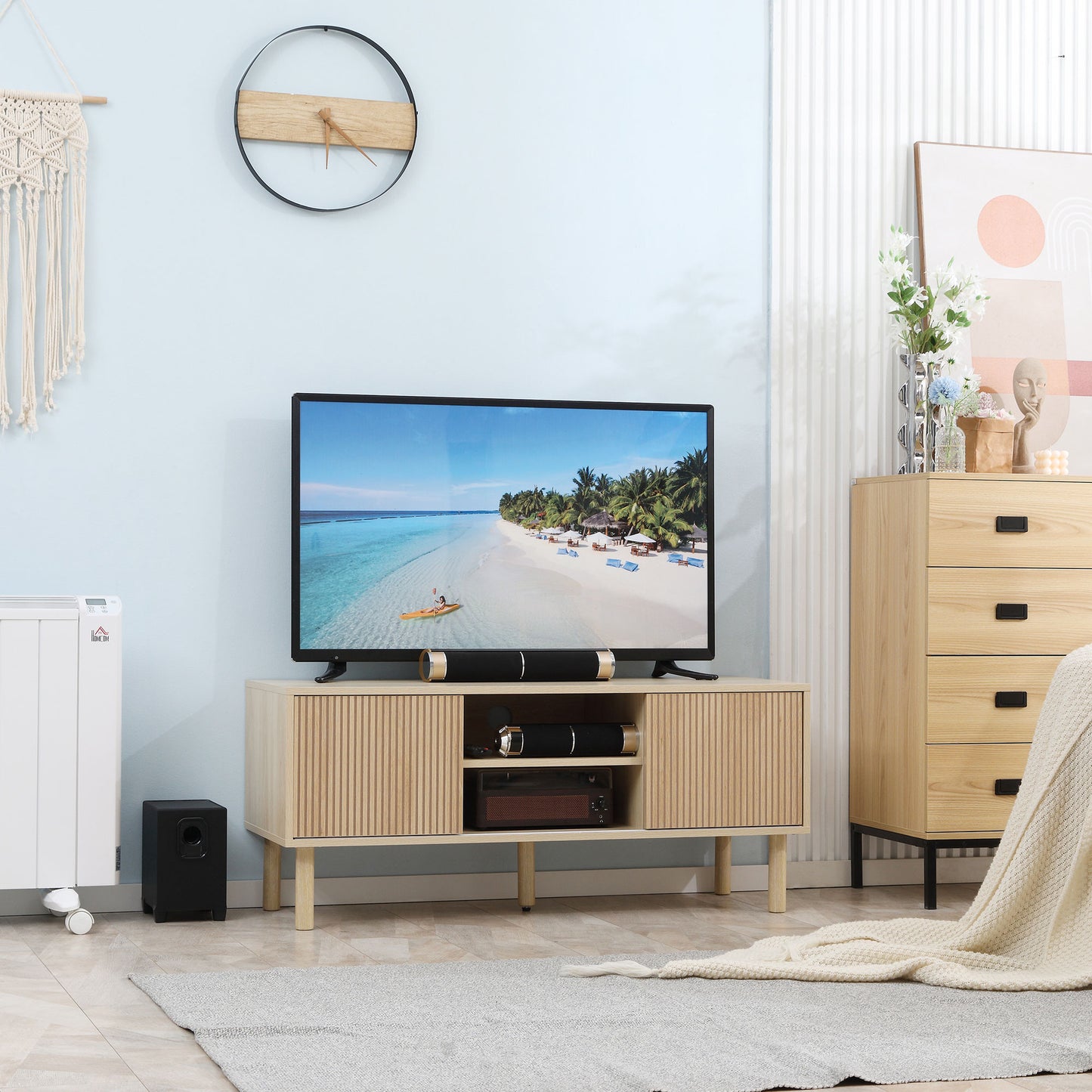 HOMCOM Modern TV Stand for 50-inch TVs, Natural Wood Effect Storage Cabinet