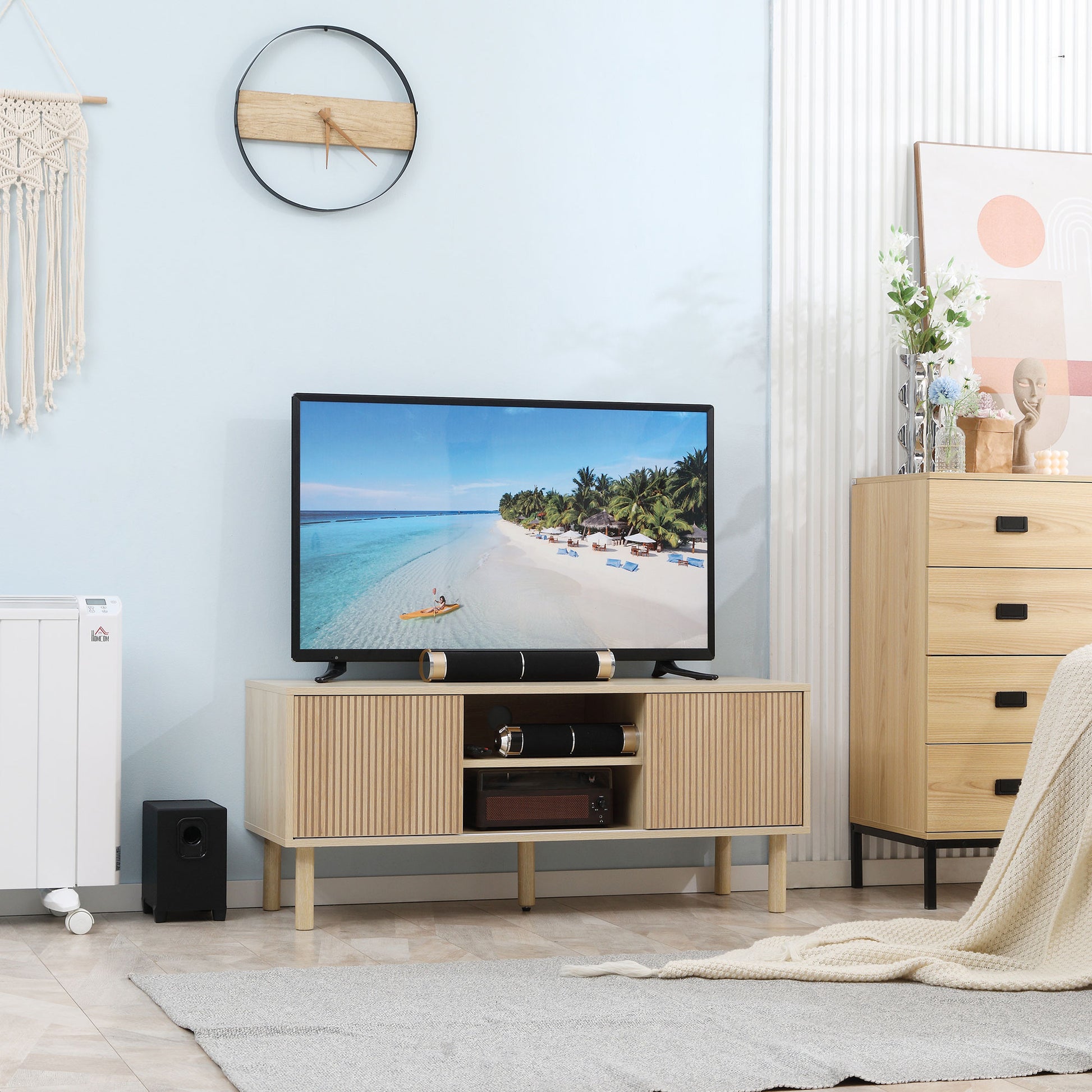 HOMCOM Modern TV Stand for 50-inch TVs, Natural Wood Effect Storage Cabinet