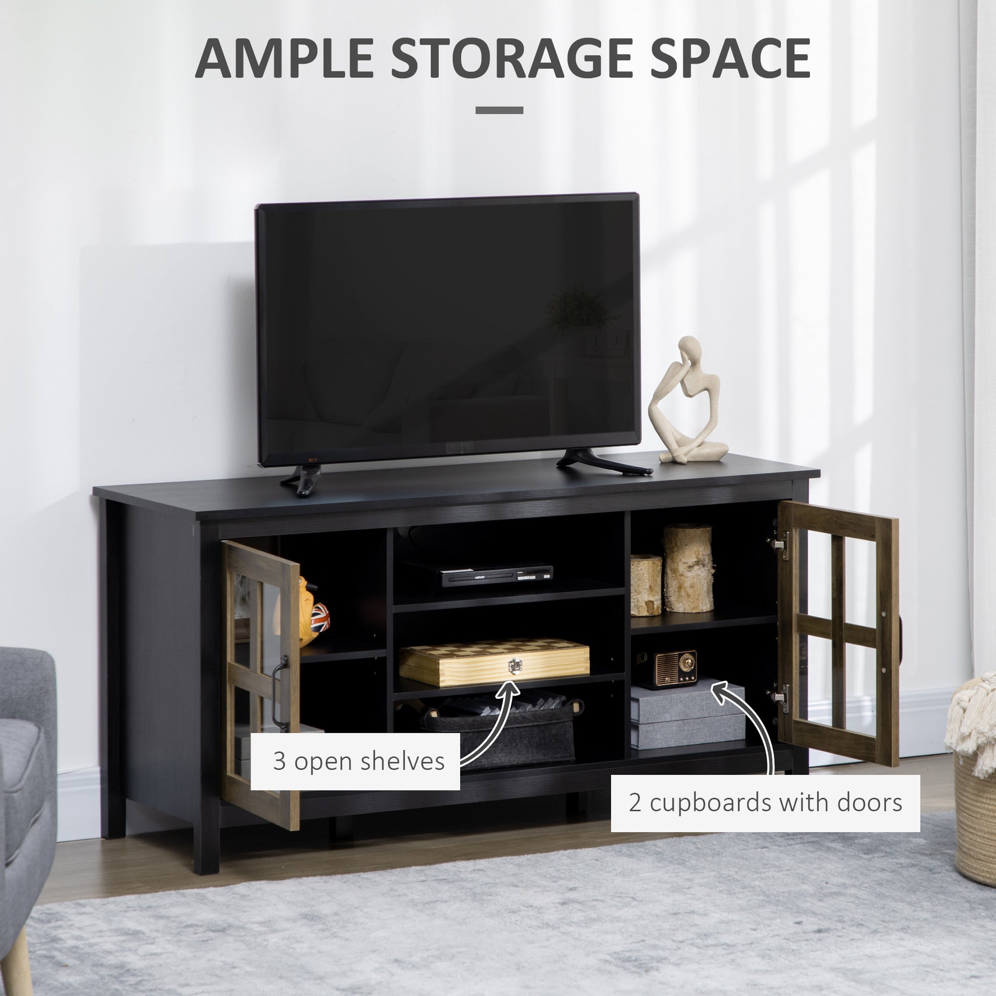 HOMCOM Modern Farmhouse TV Stand for 55-inch TVs, Adjustable Storage, Black
