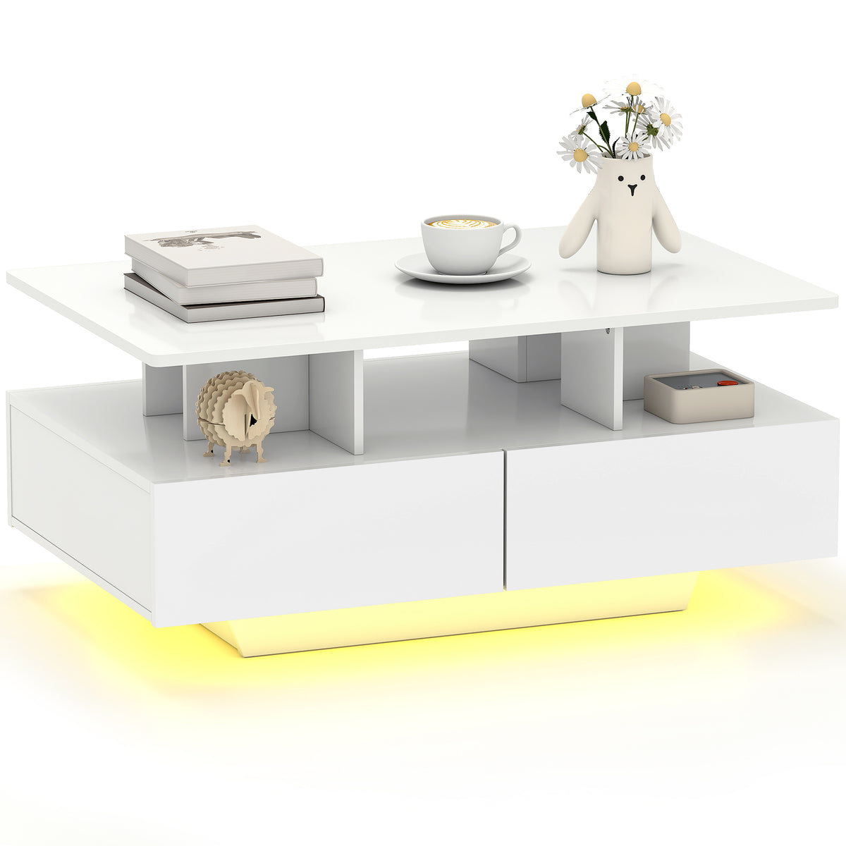 RGB LED Coffee Table with 4 Drawers and Open Shelf, High Gloss White