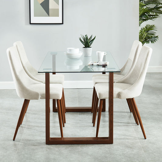 Curved-Back Upholstered Dining Chair, Set of 2 in Beige and Walnut