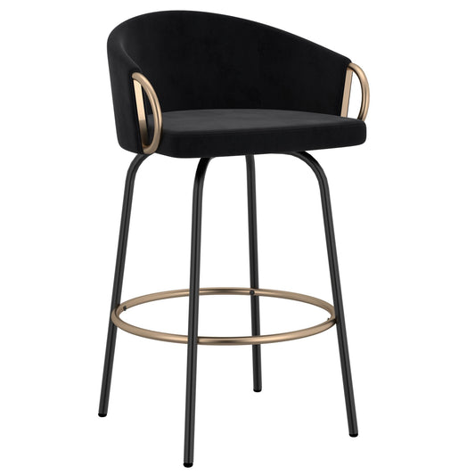 Velvet 26" Counter Stool with Swivel, Set of 2 in Black and Aged Gold