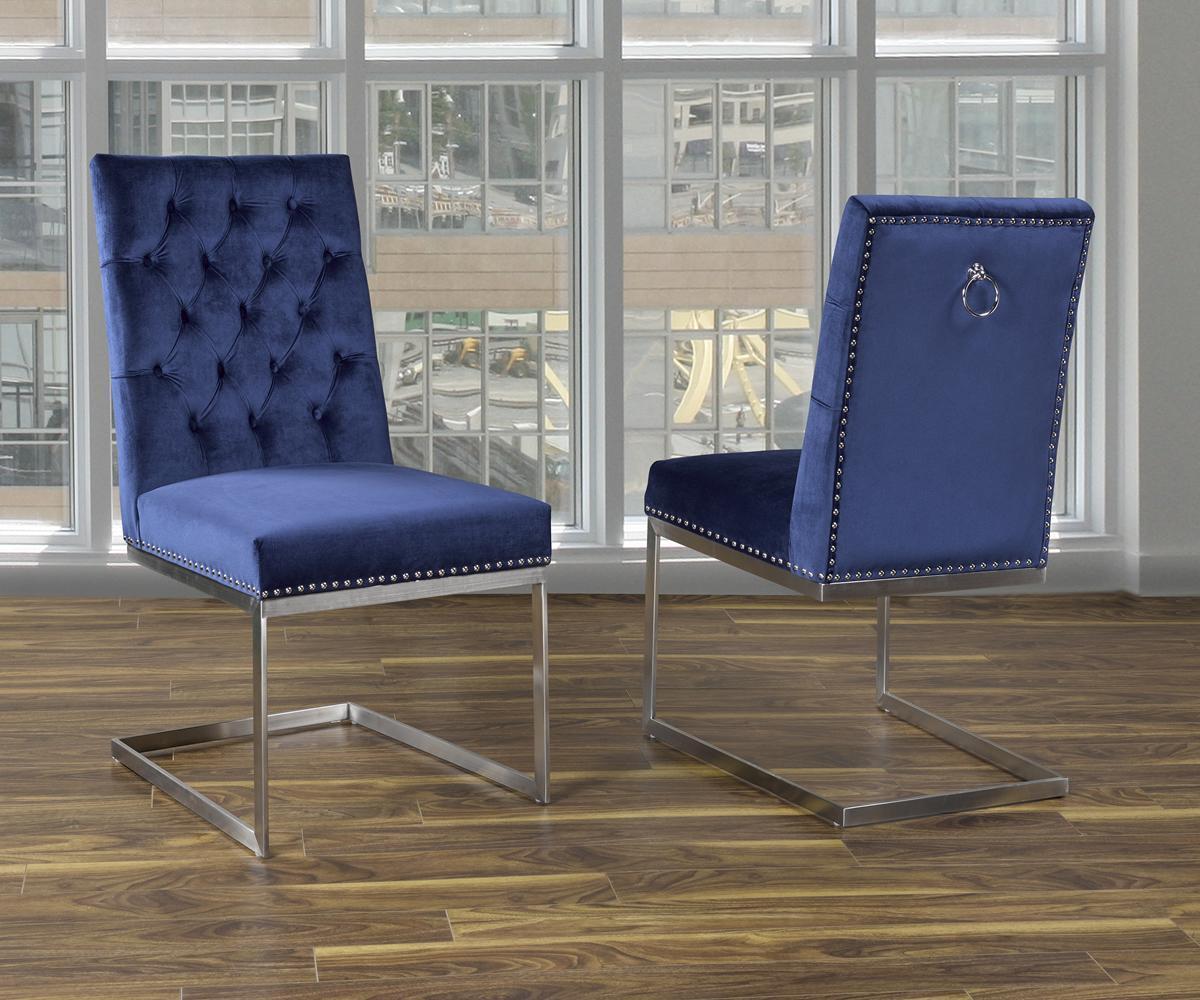 Modern Blue Velvet Dining Set: Glass Table, Chrome Base, 4 Chairs