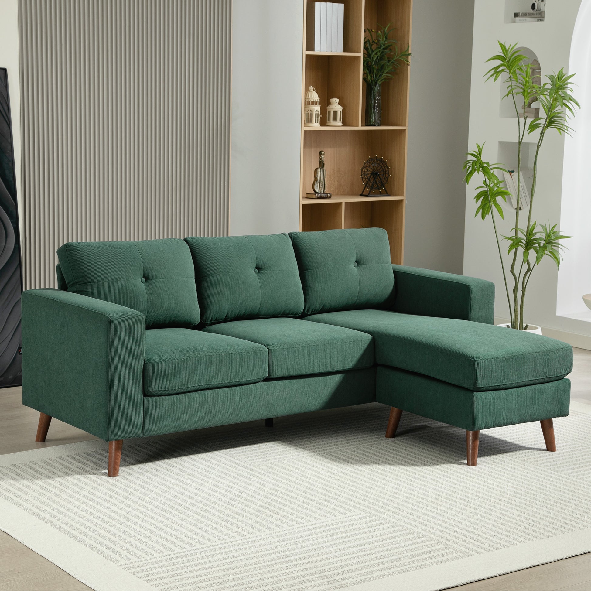 HOMCOM Dark Green Sectional Sofa: Reversible Chaise, 3-Seat L-Shaped Couch