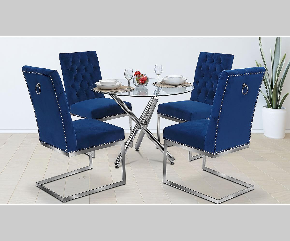 Modern Blue Velvet Dining Set: Glass Table, Chrome Base, 4 Chairs