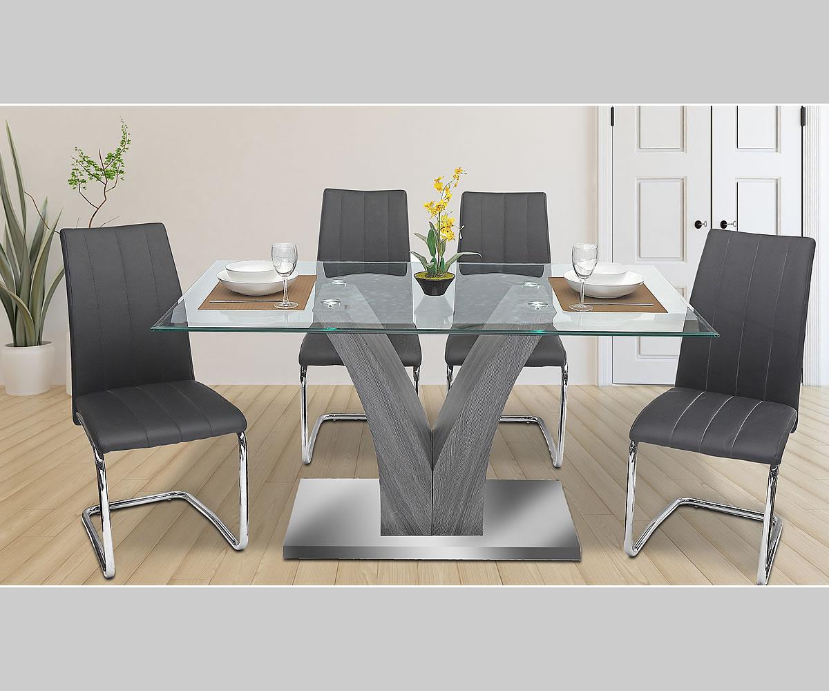 Olsen Black Modern Dining Set: Glass Tabletop, Sleek V-Base, PU Chrome Chairs