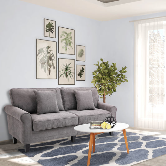 Modern 3-Seater Corduroy Sofa: Pine Wood Legs, Rolled Armrests, Light Grey