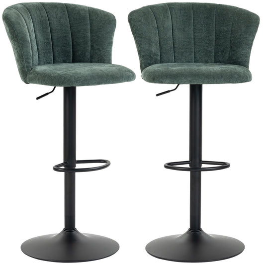 Chenille Adjustable Swivel Bar Stools with Back and Footrest, Set of 2, Dark Green