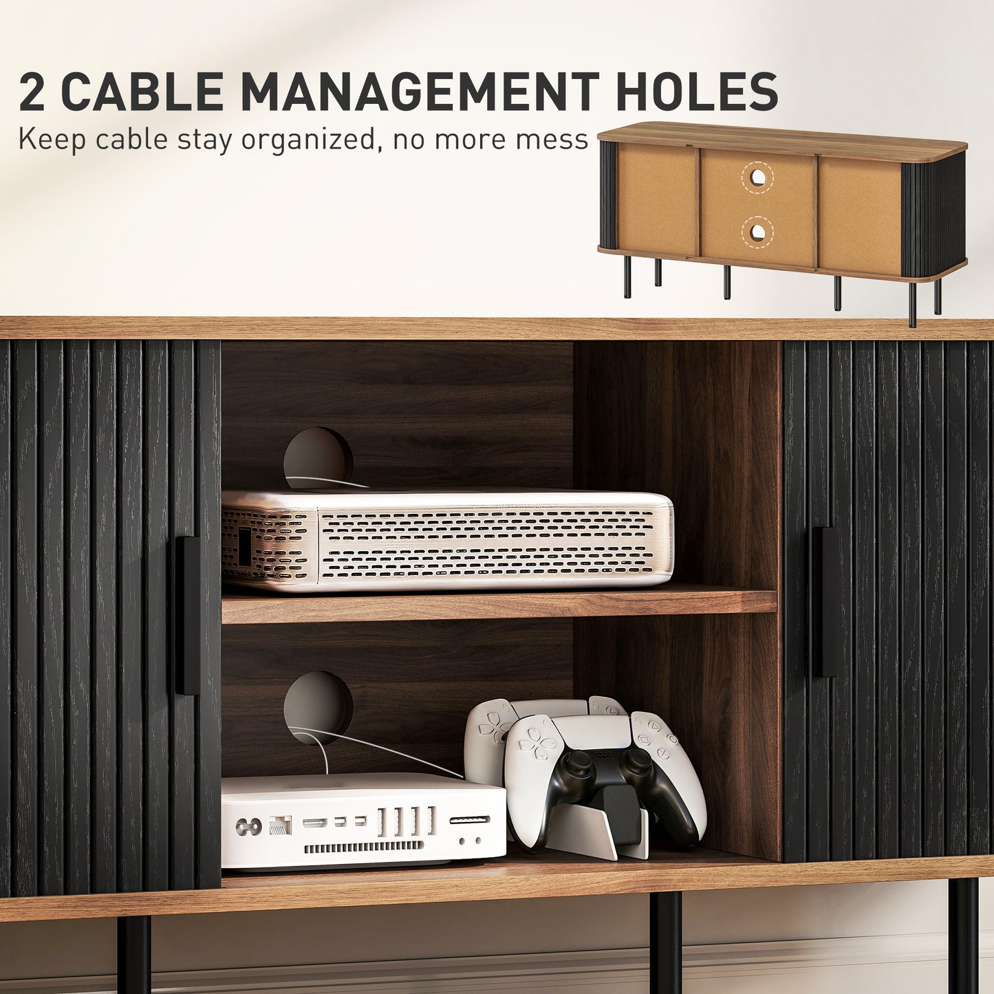 HOMCOM Modern Black TV Stand for 55-Inch TVs, Storage Shelves, Slatted Doors