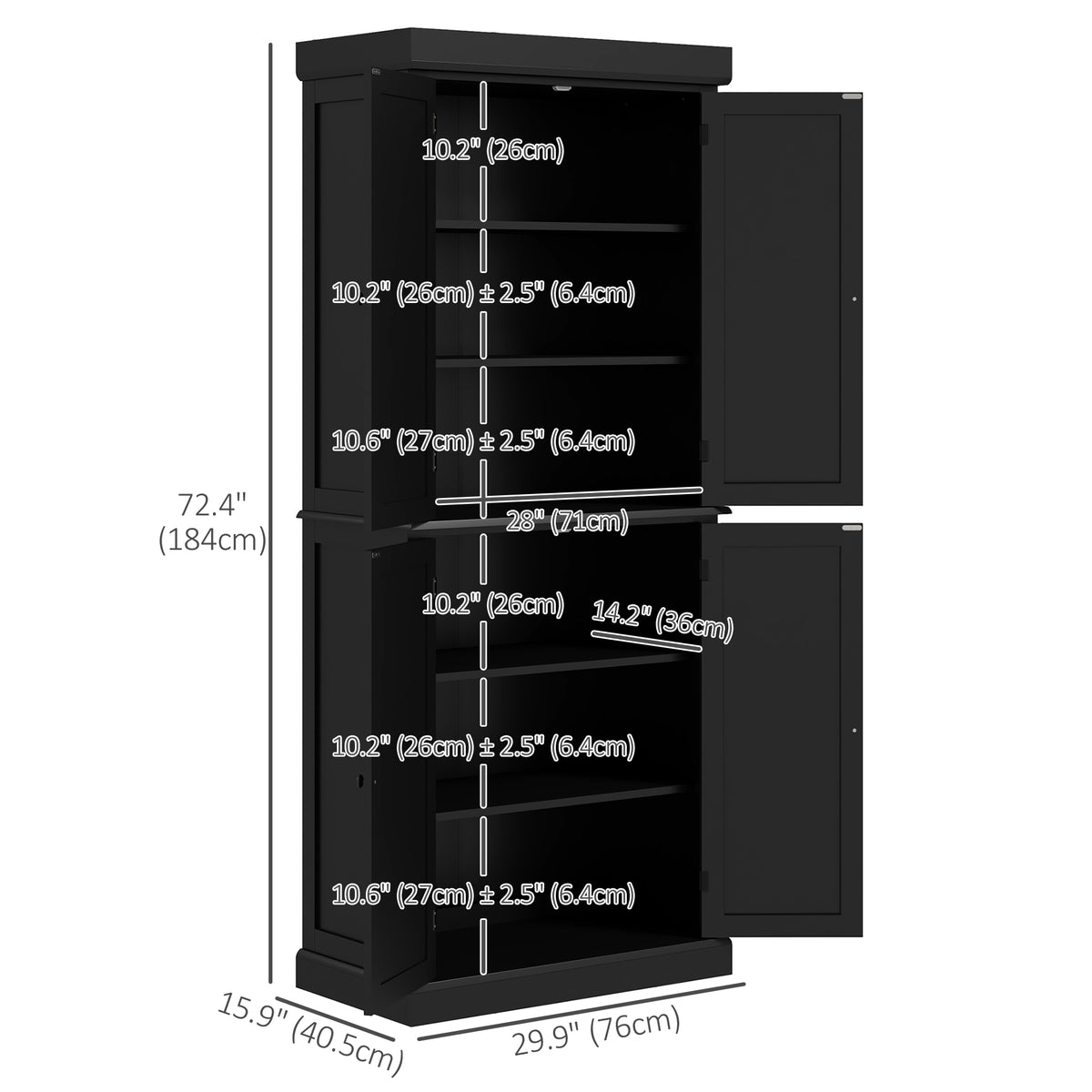 Freestanding Kitchen Pantry Cabinet with 4 Doors – 30"W x 73"H, Black