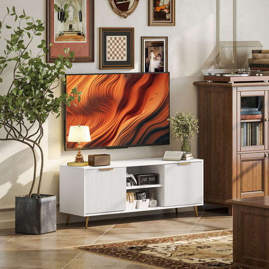 Modern White TV Stand for 55-inch TVs with Storage Cabinets & Open Shelves