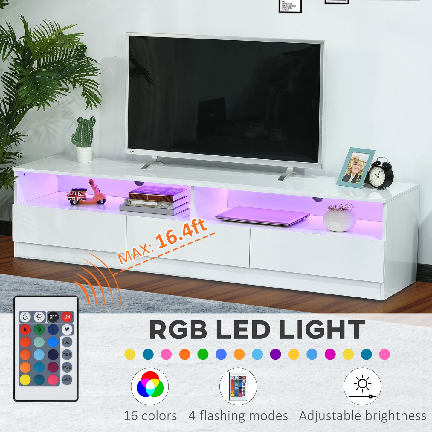 Modern 71-inch High Gloss White LED TV Stand Entertainment Storage Cabinet with Drawers
