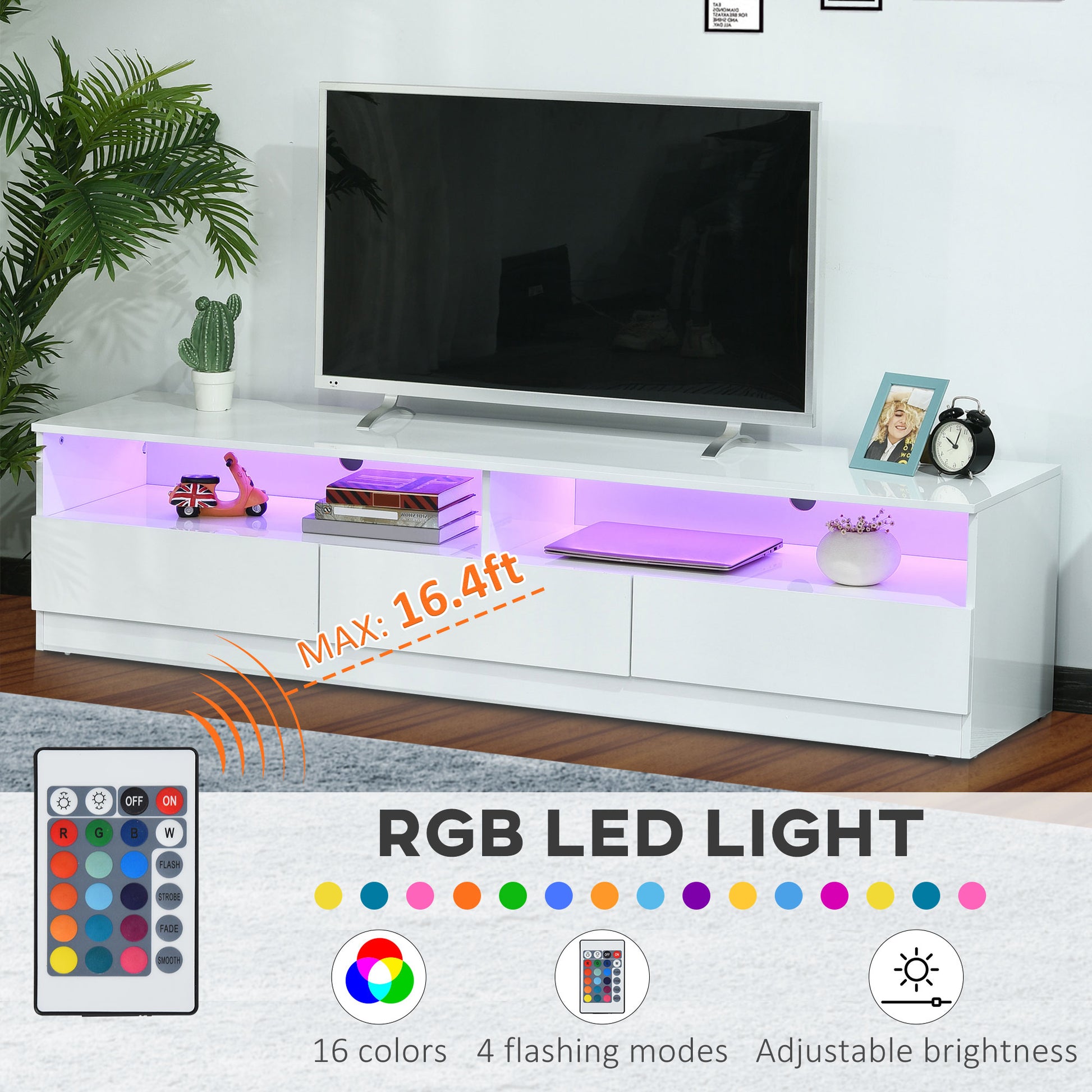 Modern 71-inch High Gloss White LED TV Stand Entertainment Storage Cabinet with Drawers