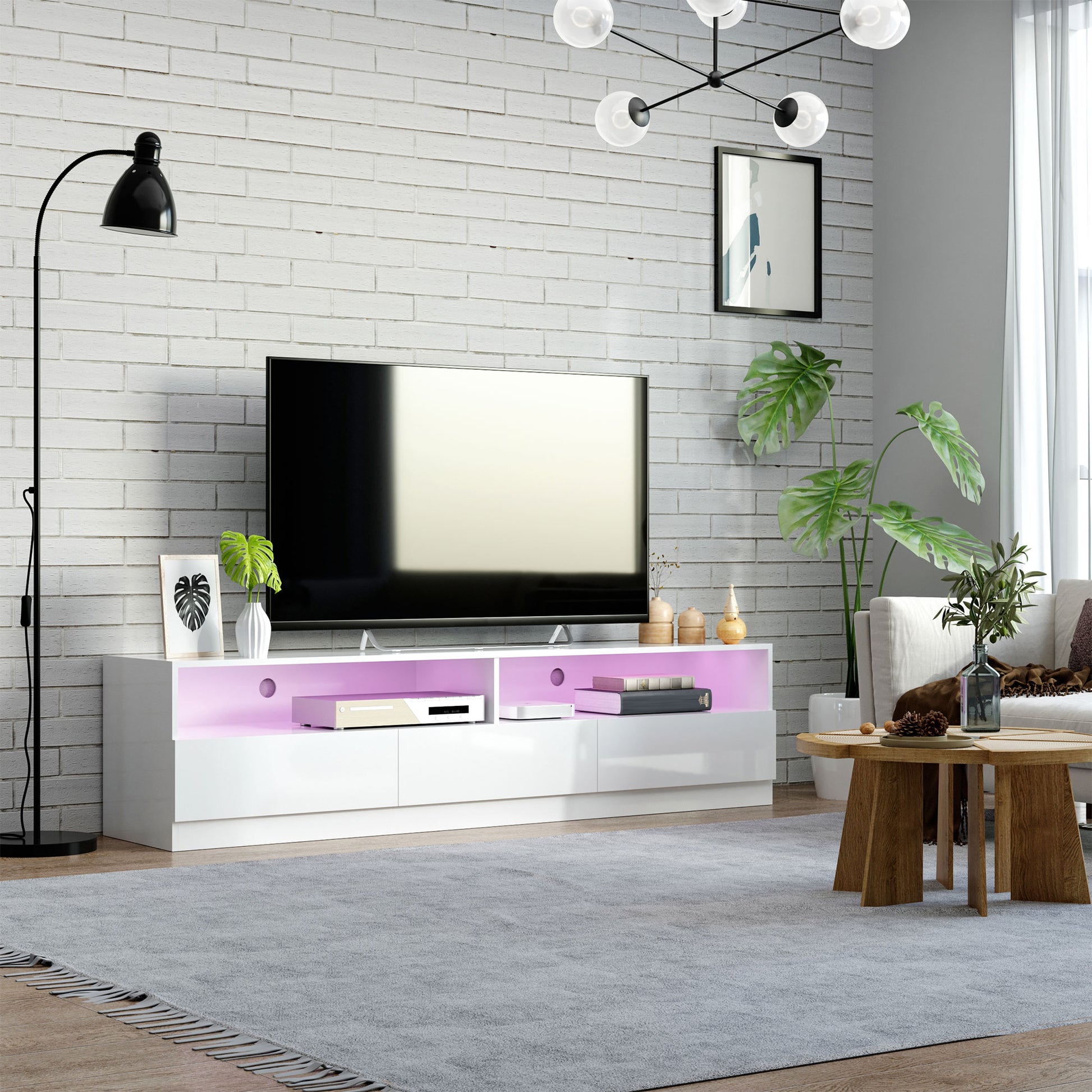 Modern 71-inch High Gloss White LED TV Stand Entertainment Storage Cabinet with Drawers