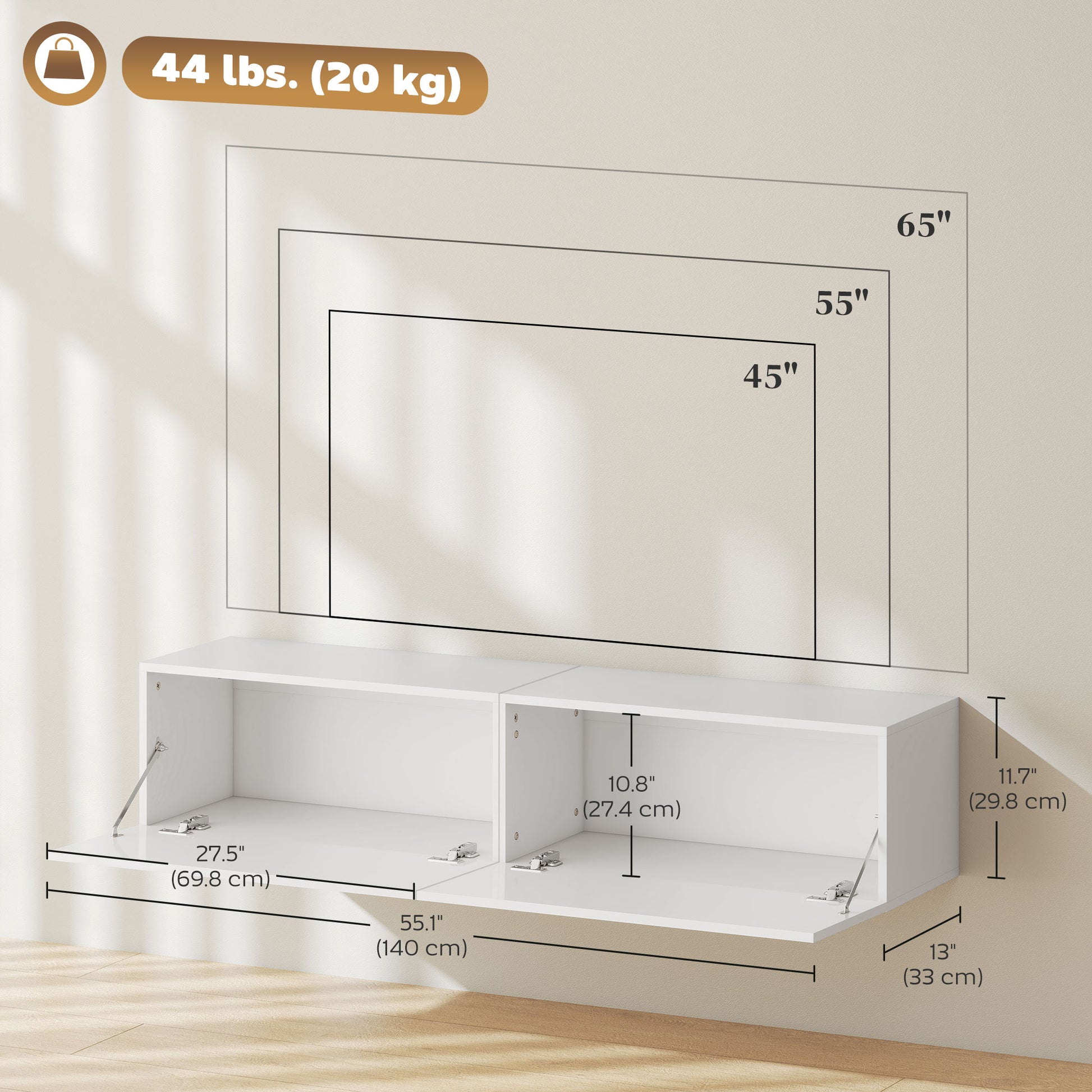 HOMCOM Floating Wall-Mounted TV Console, Storage for 45-65" TVs, White