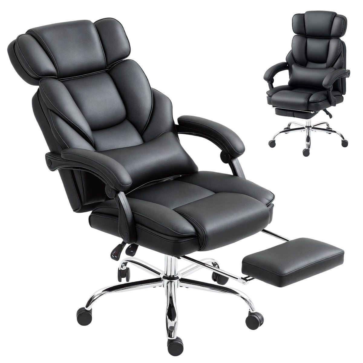 PU Leather Office Chair, Reclining Desk Chair with Footrest, Adjustable Headrest, Black