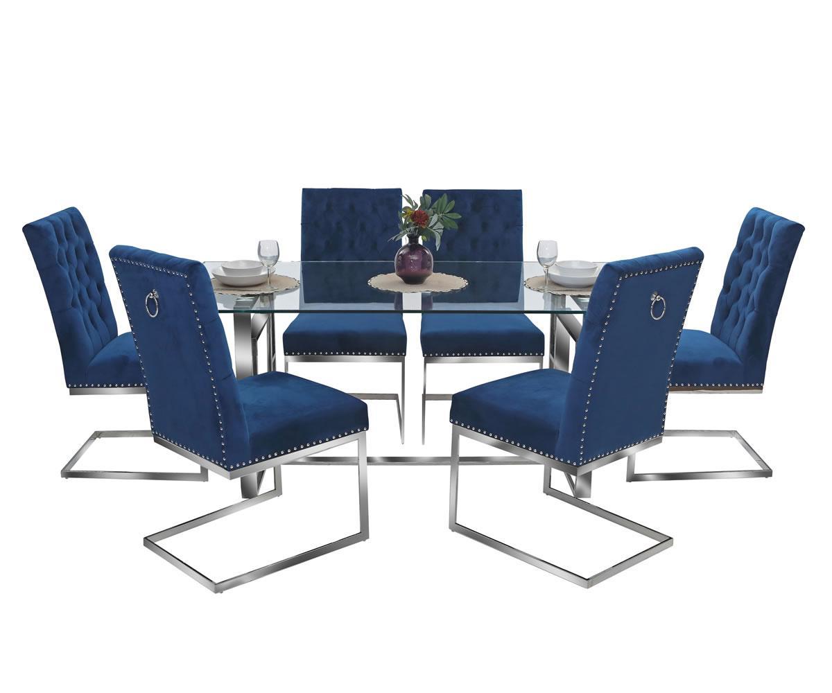 Dahlia Modern Velvet Dining Set: 71" Tempered Glass Table, 6 Blue Chairs