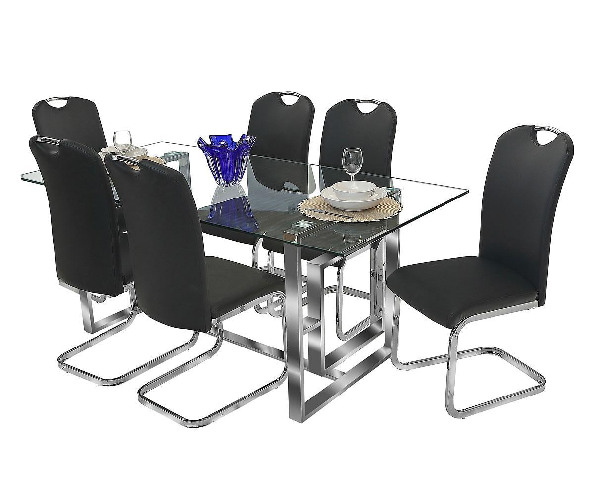 Elegant Lorde Black Dining Set: 6 PU Chairs, Tempered Glass Table, Chrome Legs