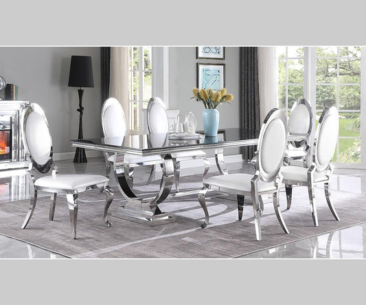 Elara 94" Black Glass-Top Dining Table – Silver Base