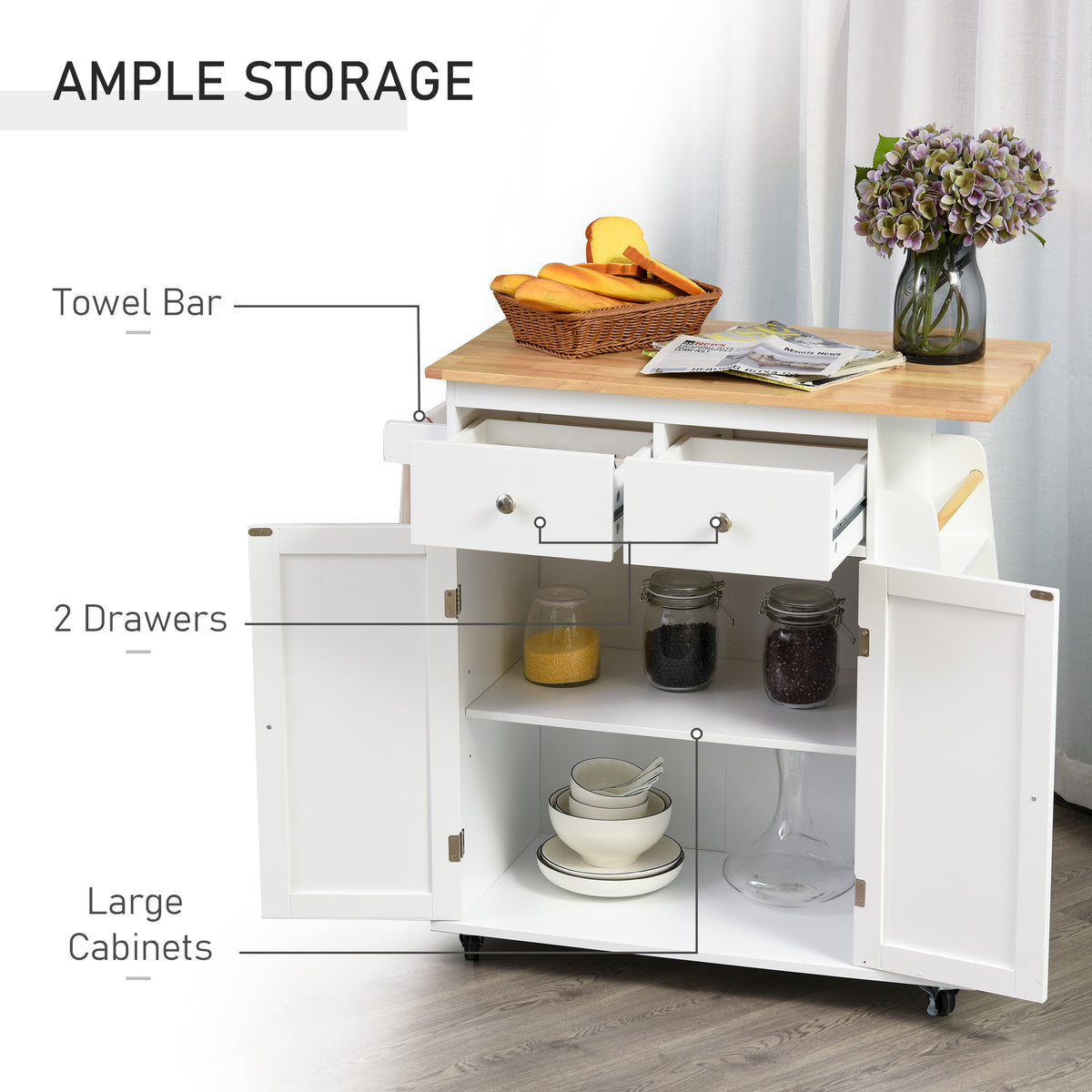 Rolling Kitchen Island Trolley Storage Cart with Rubber Wood Top – 35"W x 35"H