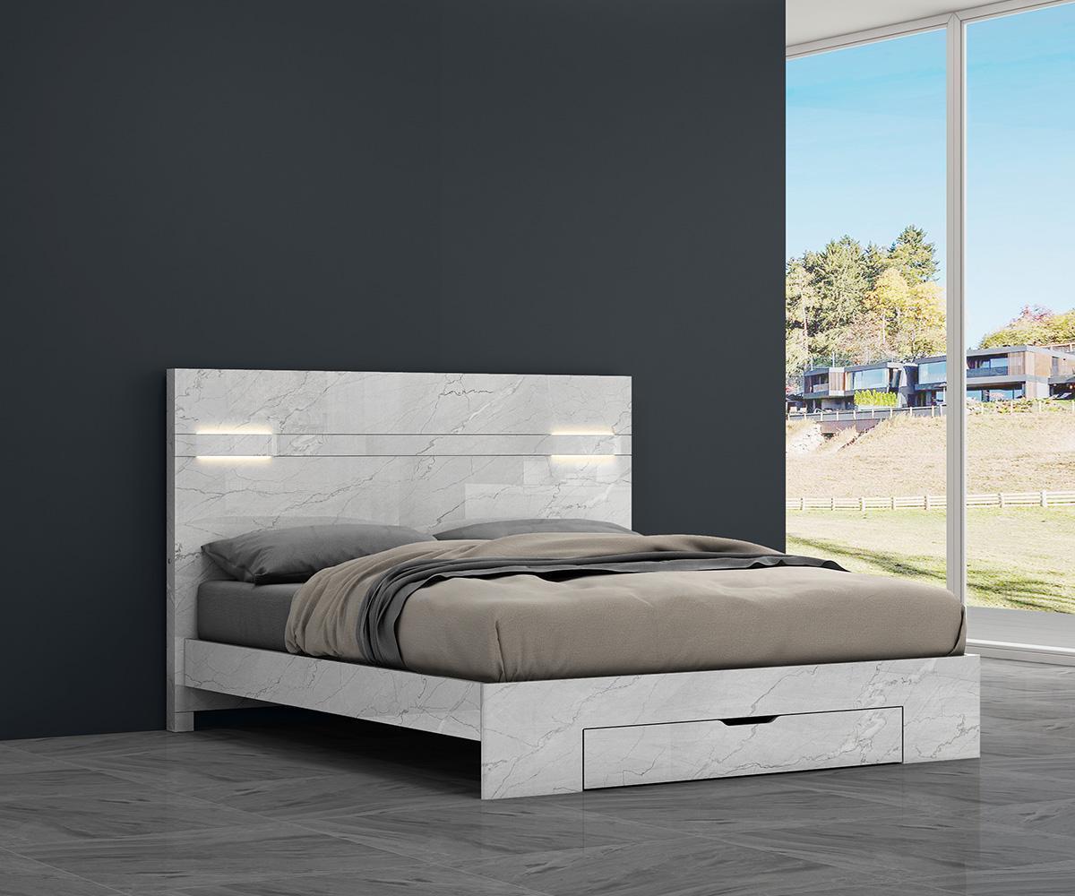 Modern King Platform Bed with LED Headboard, White High Gloss Finish