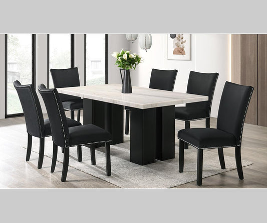 Lantana 7-Piece Dining Set – 70" White Marble-Top Table, Black Velvet Chairs
