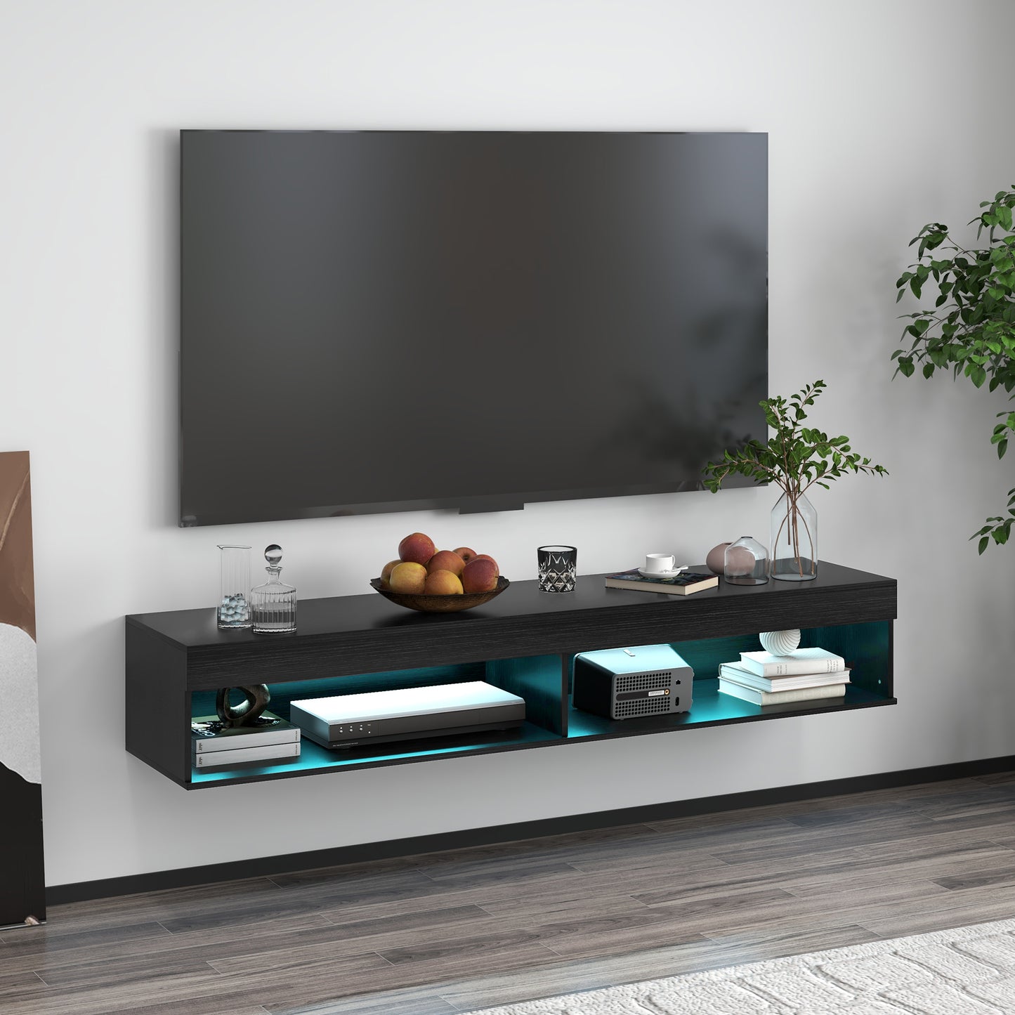 HOMCOM Modern Floating Wall Mounted TV Stand with LED Lights, Storage, Black