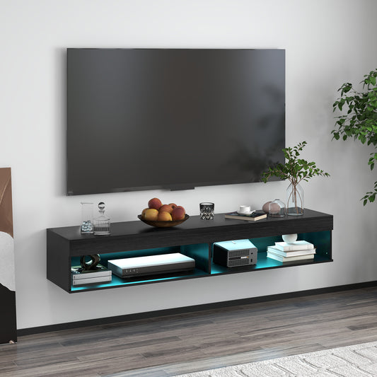 HOMCOM Modern Floating Wall Mounted TV Stand with LED Lights, Storage, Black