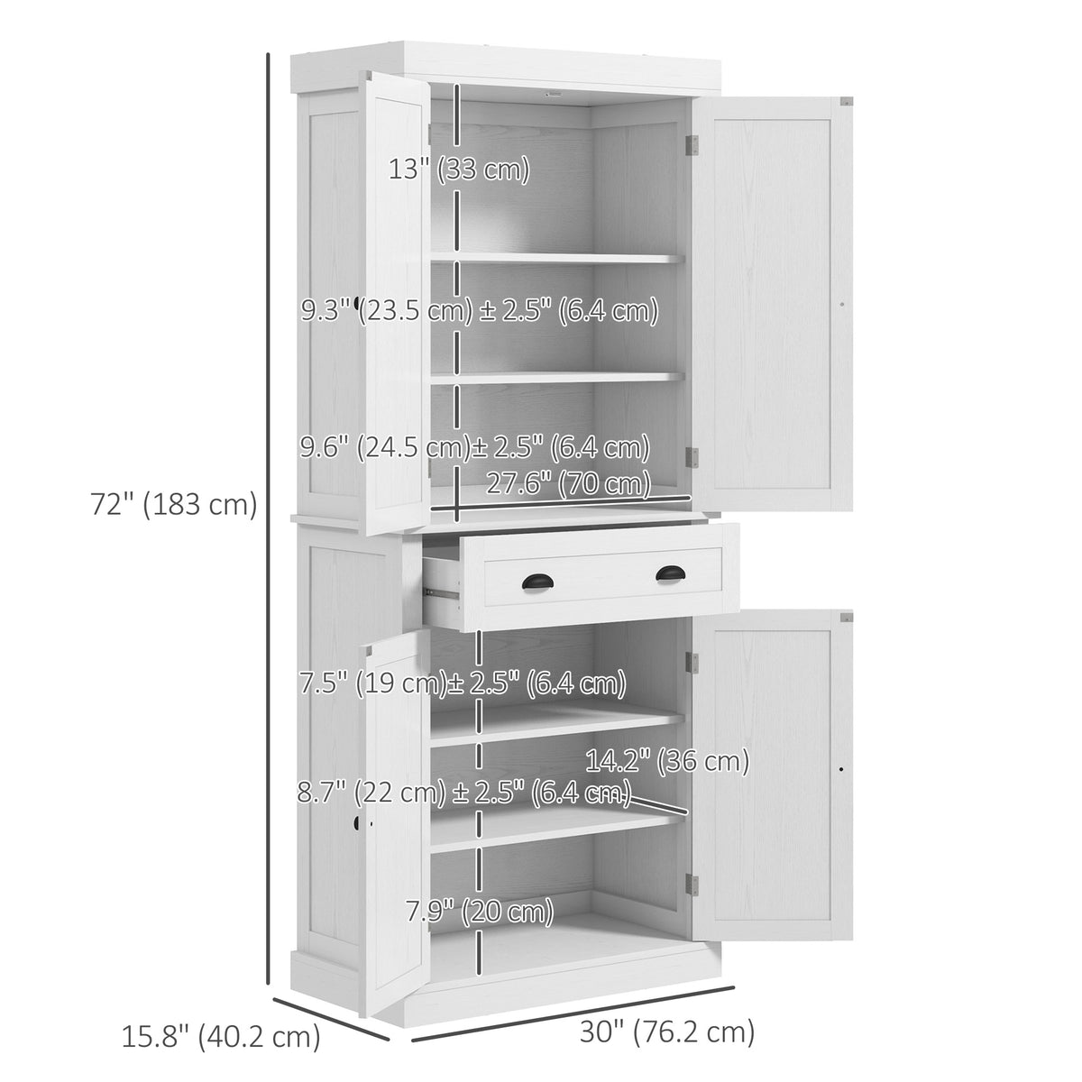 Tall Kitchen Pantry Cabinet with 2 Drawers – 30"W x 73"H