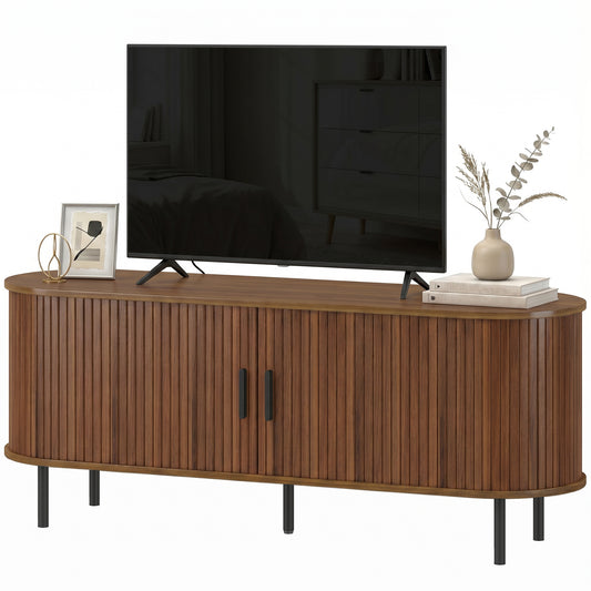 HOMCOM TV Stand Curved Sliding Doors Walnut Brown 60"