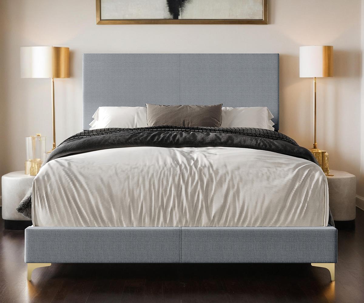 Hugo Queen Bed: Upholstered Linen Fabric, Solid Wood, Gold Stainless Steel Legs