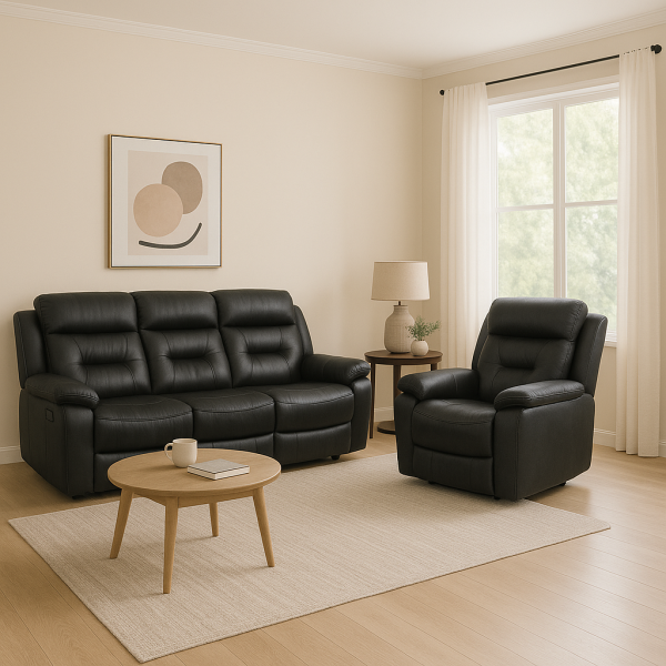 Nelson Luxurious Black Leather Recliner Sofa with Cupholders and Ergonomic Design