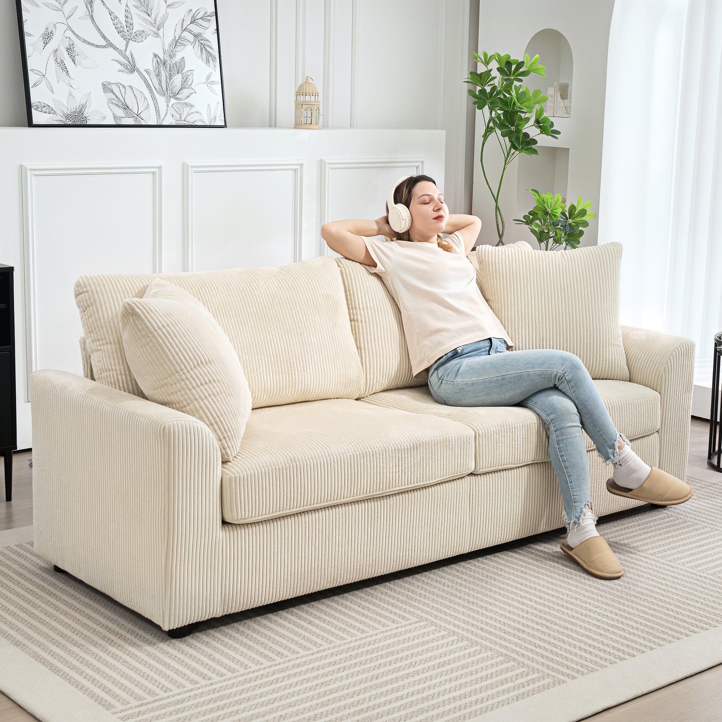 HOMCOM Modern Cream White 3-Seater Sofa with Pocket Springs & Scatter Cushions