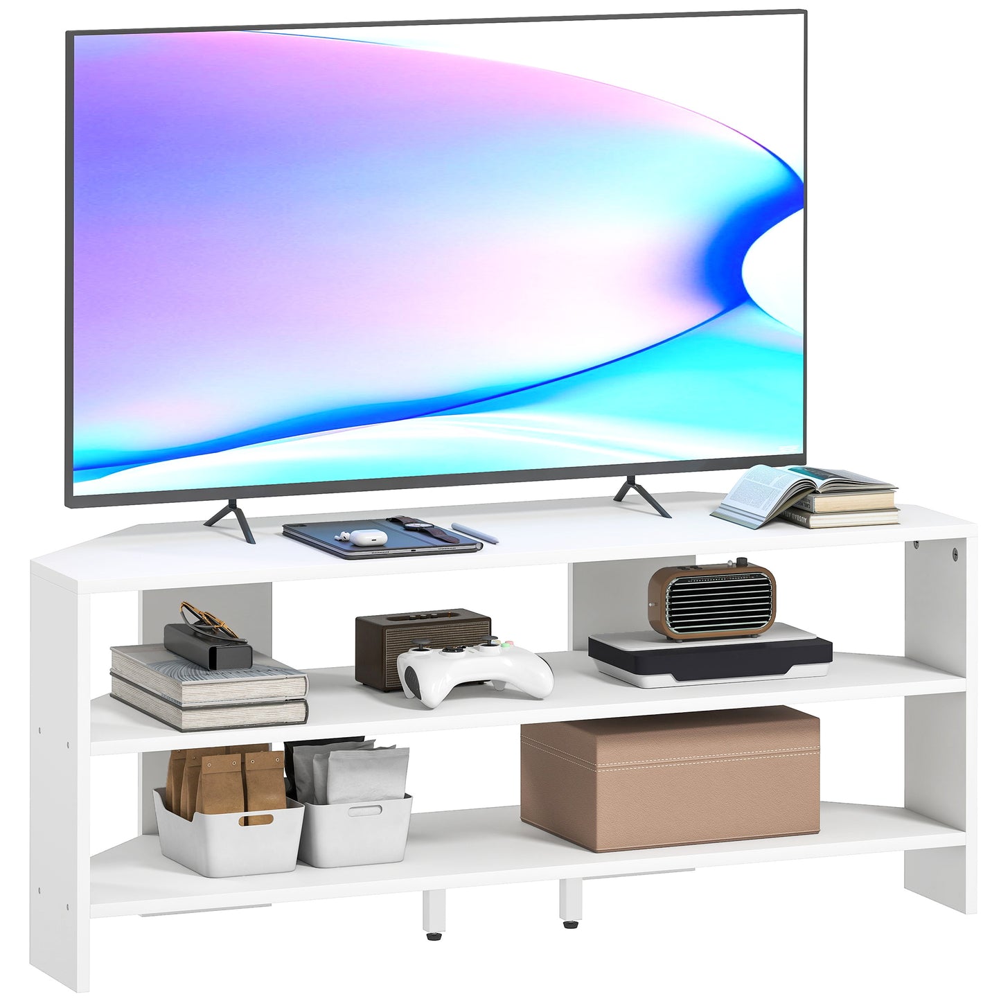 HOMCOM Modern White Corner TV Stand, Two Open Shelves, 47-inch TV