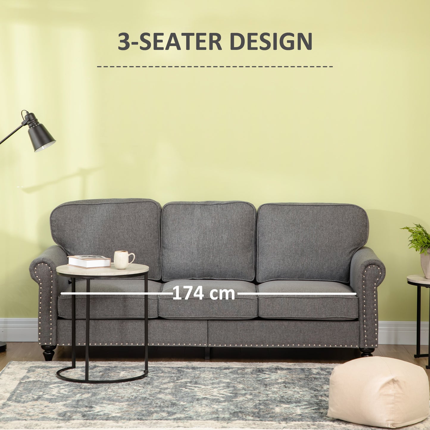 Modern Grey Linen Fabric 3-Seater Sofa Couch with Studded Trim & Rolled Arms