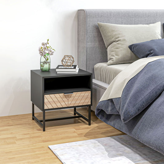 Modern HOMCOM Bedside Table Nightstand with Drawer, Storage Shelf - Black & Oak