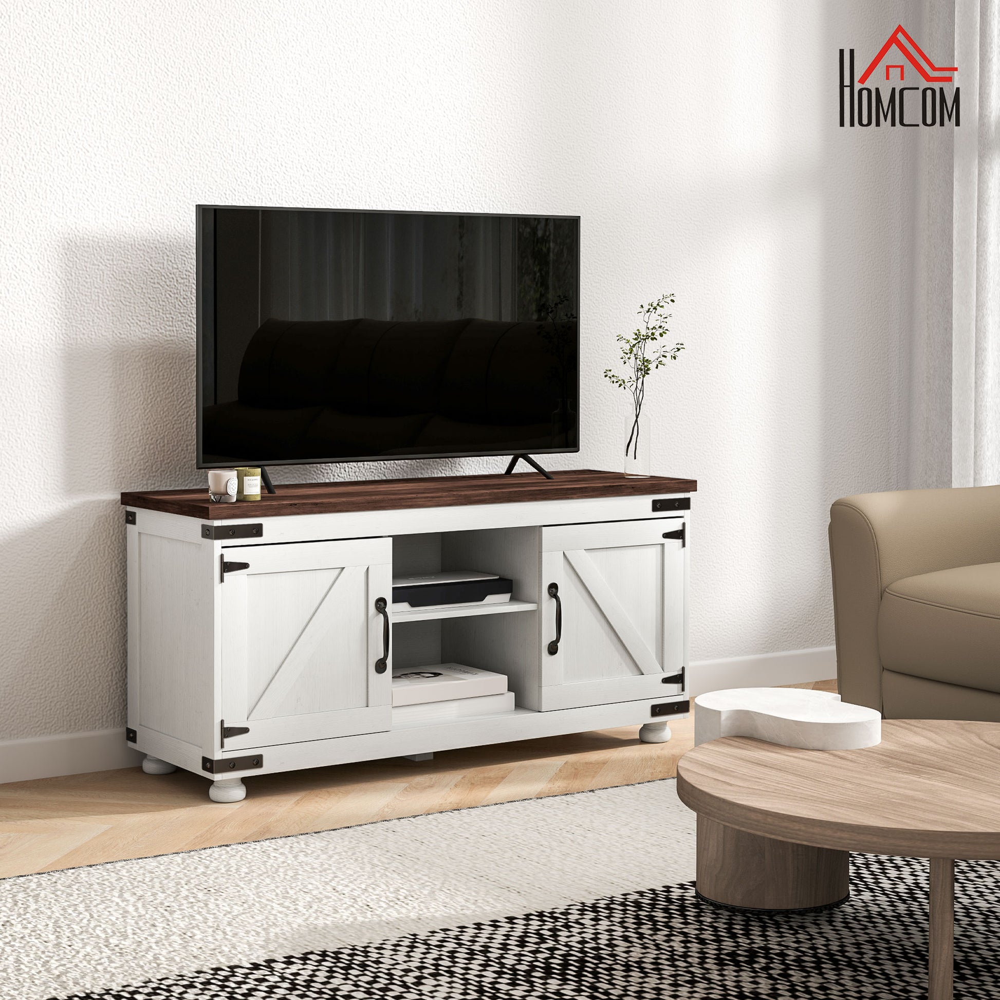 Modern Farmhouse 50-inch TV Stand with Barn Doors, Cable Management, Distressed White