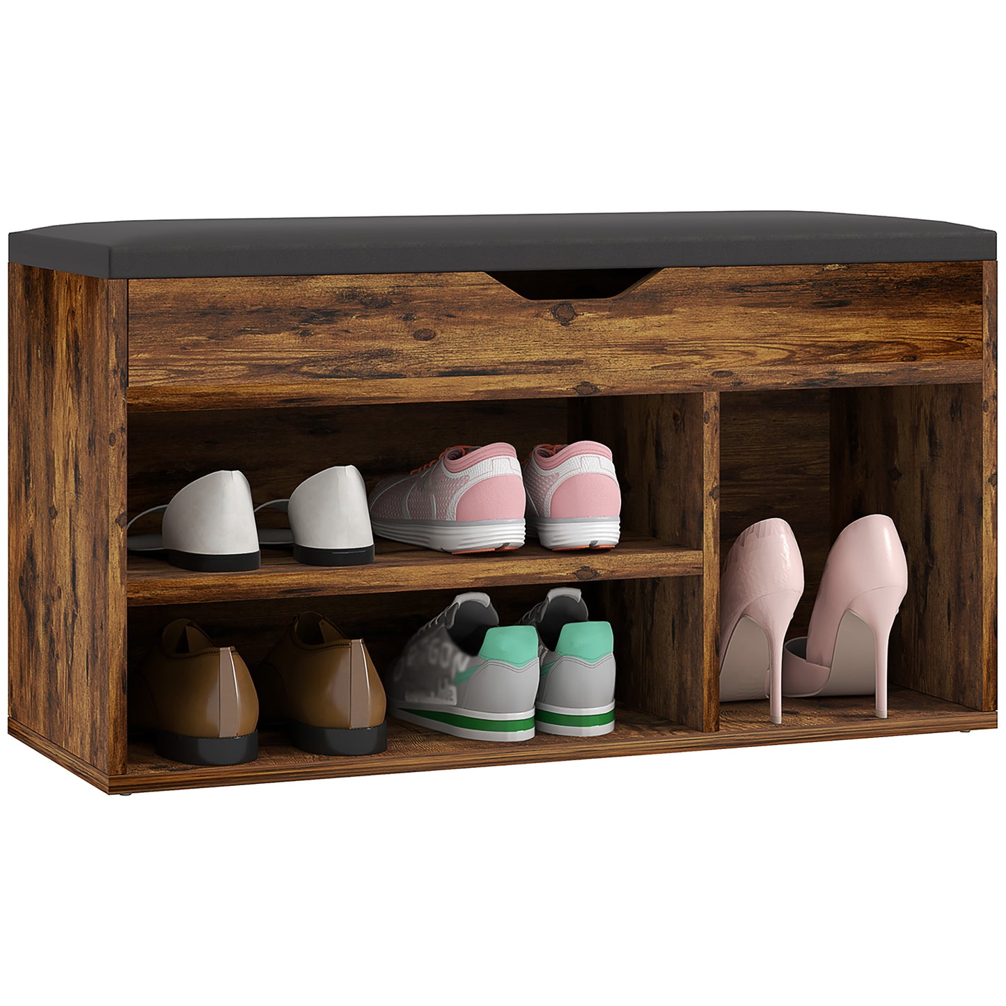HOMCOM Rustic Brown Entryway Shoe Bench Padded Seat, Hidden Storage & 3-Tier Rack