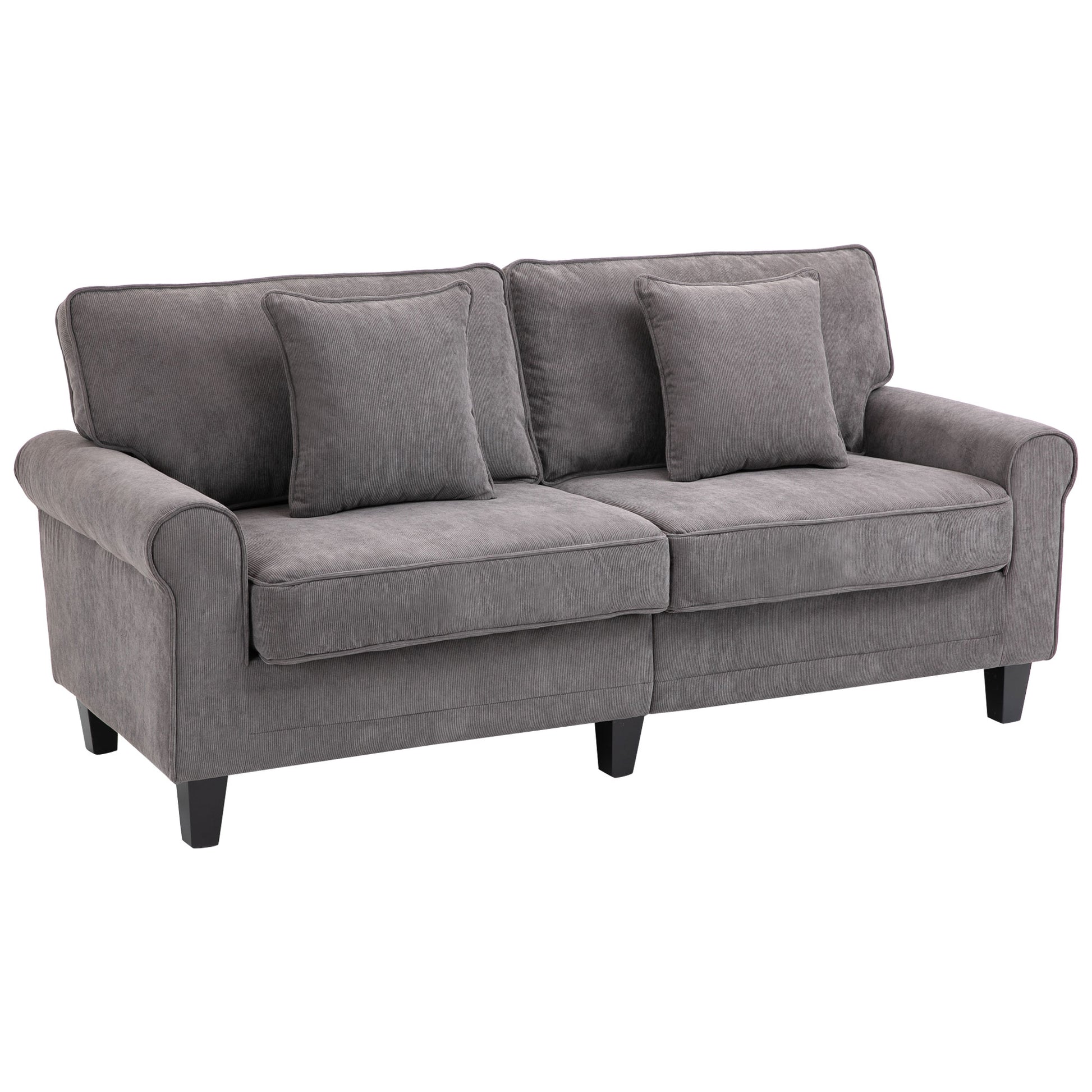 Modern 3-Seater Corduroy Sofa: Pine Wood Legs, Rolled Armrests, Light Grey